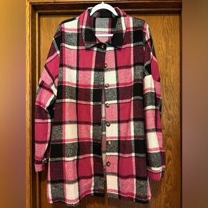 Sz 2XL Pink-Cream-Black Plaid Flannel Shacket Button Down Shirt Jacket